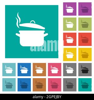 Bol vapeur avec couvercle, icônes plates multicolores sur fond carré Uni. Inclut des variantes d'icône blanche et foncée pour les effets de survol ou actifs. Illustration de Vecteur