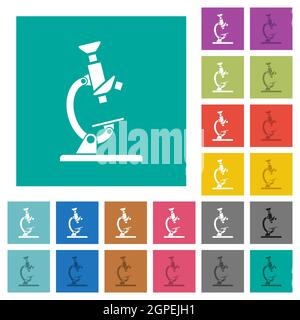 Icônes plates multicolores du microscope sur arrière-plans carrés simples. Inclut des variantes d'icône blanche et foncée pour les effets de survol ou actifs. Illustration de Vecteur