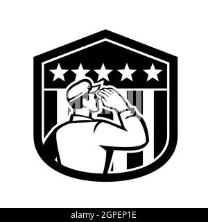 Soldat américain Salute USA drapeau badge Retro Noir et blanc Banque D'Images