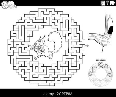 jeu de labyrinthe avec écureuil avec accorns coloriage livre page Illustration de Vecteur