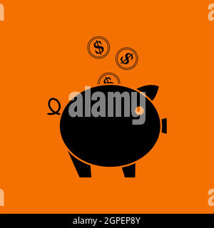 Les pièces de monnaie d'or tombent dans l'icône de la banque de Piggy Illustration de Vecteur