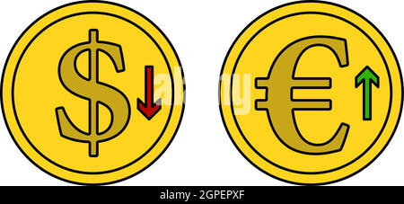 Icône de la monnaie en euros à la baisse du dollar et à la croissance Illustration de Vecteur