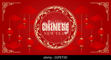 Bonne année chinoise avec fond rouge et lanterne, applicable pour bannière, cartes de vœux, prospectus, affiche Illustration de Vecteur