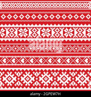 Motif sami vectoriel sans couture, art populaire de Laponie, tricot traditionnel et broderie en blanc sur fond rouge Illustration de Vecteur