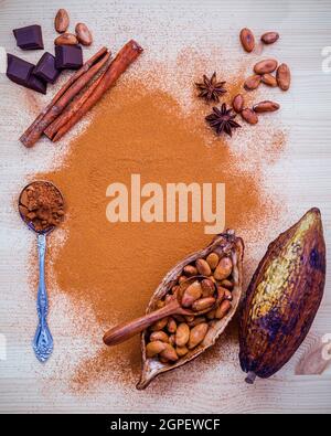 Contexte et desserts menu design. Chocolat en poudre dans les fèves de cacao grillées , cuillère dans la cabosse et fruits secs au chocolat foncé setup sur bois Banque D'Images