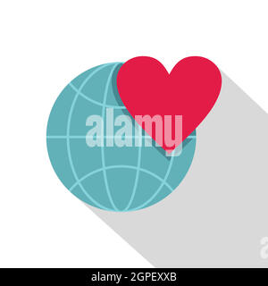 Globe terrestre avec l'icône en forme de cœur, de style plat Illustration de Vecteur