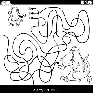 labyrinthe de ligne avec dessin animé bébé dragon avec mère coloriage livre page Illustration de Vecteur