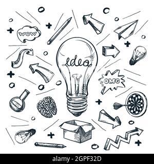 Idée réussie et concept de démarrage d'entreprise. Illustration d'esquisse vectorielle dessinée à la main isolée sur fond blanc. Description des ampoules créatives Illustration de Vecteur
