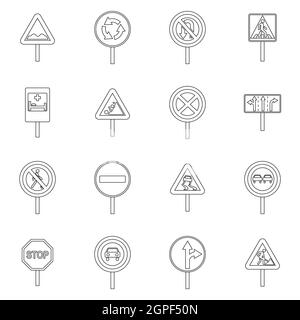 Panneaux routiers différents style du contour, icons set Illustration de Vecteur