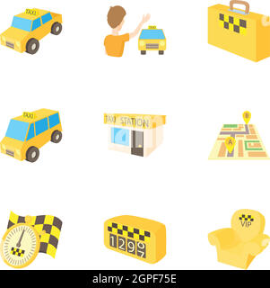 En taxi, cartoon style icons set Illustration de Vecteur