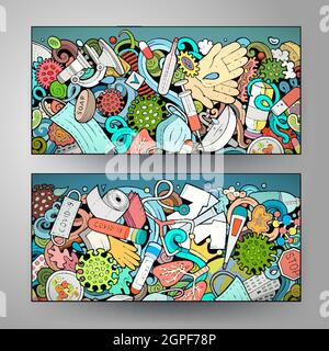 Ensemble de bannières horizontales de jolis dessins animés à motif coronavirus Illustration de Vecteur