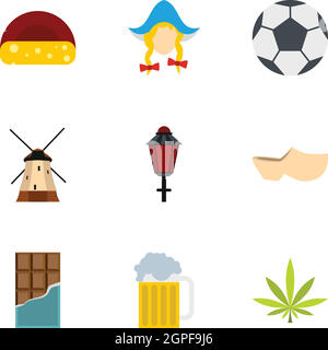 Maison de vacances en Hollande icons set, style plat Illustration de Vecteur