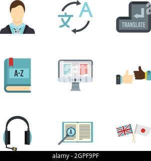 Traduction de language icons set, style plat Illustration de Vecteur