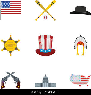 Attractions de USA icons set, style plat Illustration de Vecteur