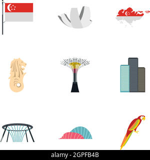 Attractions de Singapour icons set, style plat Illustration de Vecteur