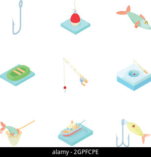 Icônes de la pêche, jeu de style cartoon Illustration de Vecteur