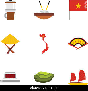 Tourisme au Vietnam icons set, style plat Illustration de Vecteur