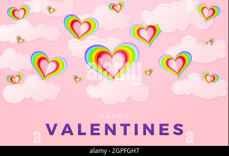 Bonne Saint Valentin avec l'amour arc-en-ciel et la texture des nuages. Carte d'anniversaire avec coeur, applicable pour la Saint Valentin, cartes de vœux, invitation, papier imprimé, bannière de médias sociaux et site Web. Illustration de Vecteur