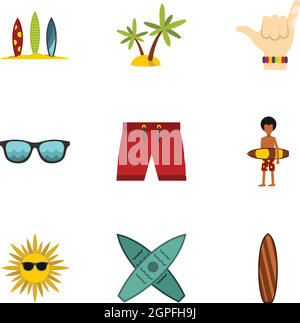 Icônes surf, jeu style plat Illustration de Vecteur