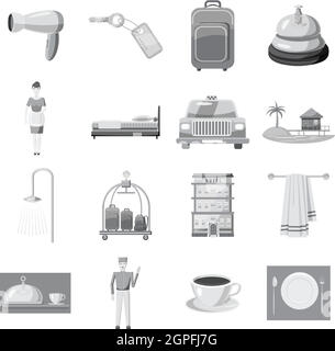 Hôtel icons set, style monochrome gris Illustration de Vecteur