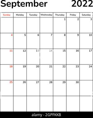 Planificateur pages mensuelles 2022. Page de calendrier du mois de septembre. Modèle de vecteur d'horaire du planificateur d'organiseur. Bureau mural, table, calendrier d'entreprise. Semaine Illustration de Vecteur
