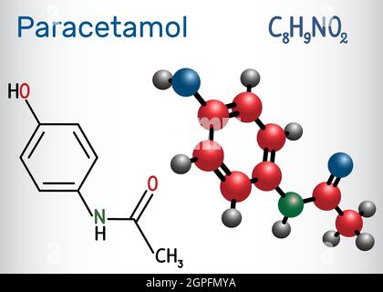 Molécule de paracétamol (acétaminophène). Formule chimique structurelle et modèle moléculaire. Illustration de Vecteur