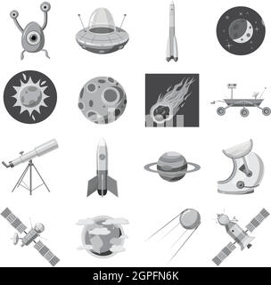Les icônes de l'espace défini, style monochrome gris Illustration de Vecteur