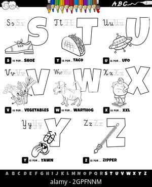 Alphabet de dessin animé éducatif ensemble de S à Z page de livre de couleur Illustration de Vecteur