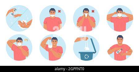 Comment porter et enlever les bouts de masque médical de visage, infographie de vecteur.EPI, mesures sanitaires de quarantaine en cas de pandémie du coronavirus. Illustration de Vecteur