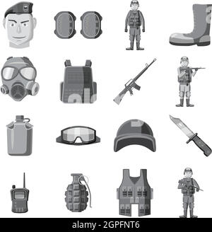 L'équipement militaire icons set style monochrome gris Illustration de Vecteur