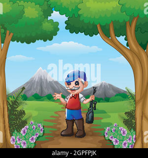 Chasseur tenant son arme dans la jungle Illustration de Vecteur