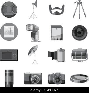 Matériel photo icons set, style monochrome gris Illustration de Vecteur