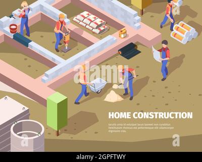 Création de fondations pour les travailleurs. Les architectes et les constructeurs construisent des ingénieurs de maison travaillant à l'arrière-plan isométrique vectoriel Illustration de Vecteur