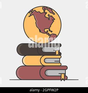 Globe sur une pile de livres épais. Concept de livres d'histoire du monde. Bibliothèque globale. Illustration de style plat. Isolé. Illustration de Vecteur
