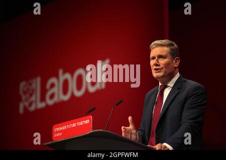 Brighton, Royaume-Uni 29 septembre 2021: Sir Keir Starmer prononce un discours à ses dirigeants lors de la Conférence du Parti travailliste. Banque D'Images