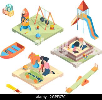 Aire de jeux isométrique. Place pour les jeux drôles enfants préscolaire jouer avec babysitter dans le parc d'attractions jouets images vectorielles Illustration de Vecteur