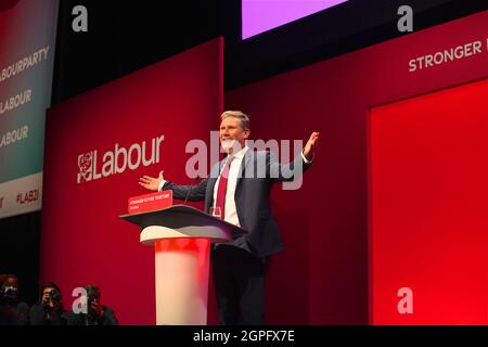 Brighton, Royaume-Uni 29 septembre 2021: Sir Keir Starmer prononce un discours à ses dirigeants lors de la Conférence du Parti travailliste. Banque D'Images