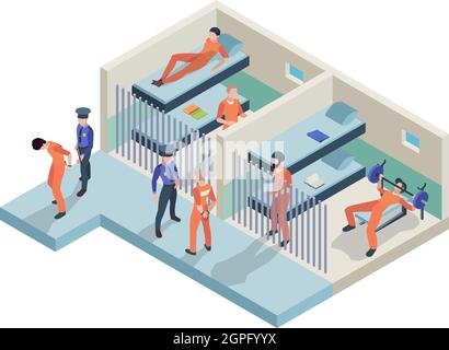 Intérieur de la prison. Prisonniers assis dans des caméras marchant des gardes de police dans les salles de prison personnes détenues vecteur isométrique Illustration de Vecteur