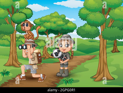 Zookeeper garçon et fille avec des animaux dans la jungle Illustration de Vecteur