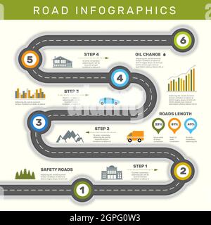Infographie sur la route. Chronologie avec modèle de vecteur graphique de flux de travail métier de carte de points Illustration de Vecteur