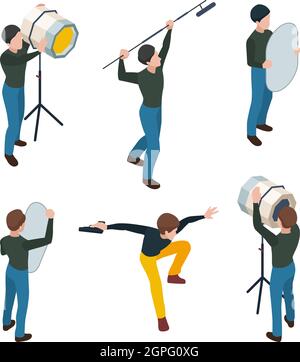 Cinématographe isométrique. Travailleurs de studio de film vidéo réalisateur acteur opérateur personnel technique processus de production cinématographique personnes vectorielles Illustration de Vecteur