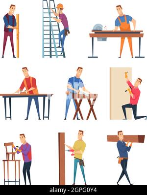 Caractère de menuisier. Ouvrier du bois professionnel menuisier avec équipement handyman travail vecteur artisan Illustration de Vecteur