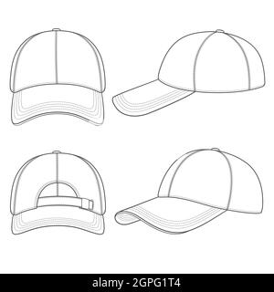 Jeu d'illustrations noir et blanc avec casquette de baseball. Objets vectoriels isolés sur fond blanc. Illustration de Vecteur
