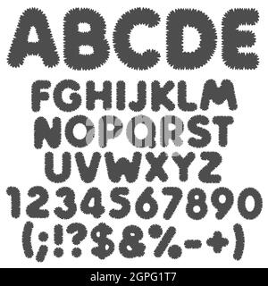 Alphabet, lettres, chiffres et signes Shaggy en noir et blanc. Objets vectoriels isolés sur fond blanc. Illustration de Vecteur
