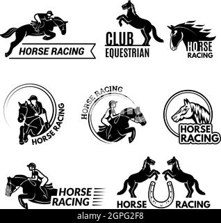 Écussons de courses hippiques. Logo ou emblème de sport équestre avec cheval de course dans différentes poses polos vecteur club modèles Illustration de Vecteur