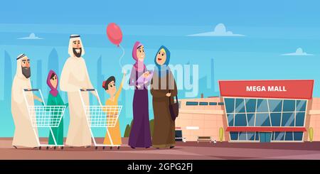 Shopping en famille arabe. Des personnages musulmans heureux vont commercialiser des vêtements saoudiens vector dessin animé fond Illustration de Vecteur