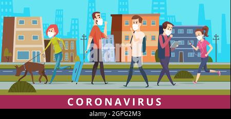 Coronavirus. Personnes dans l'air de la ville nCoV protection du virus marcher dans le masque pollution vecteur santé concept médical dessin animé fond Illustration de Vecteur
