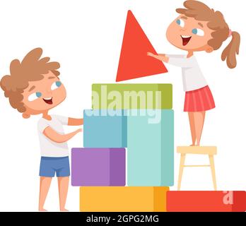 Enfants jouant. Les enfants heureux construisent des cubes colorés à la maison. Dessins animés isolés de bébés avec illustrations vectorielles de jouets Illustration de Vecteur