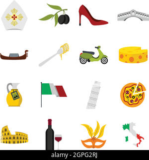 Italie icons set, style plat Illustration de Vecteur