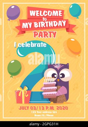 Invitation d'anniversaire. Affiche pour enfants avec Owls personnages drôles modèle d'affiche vectorielle Illustration de Vecteur